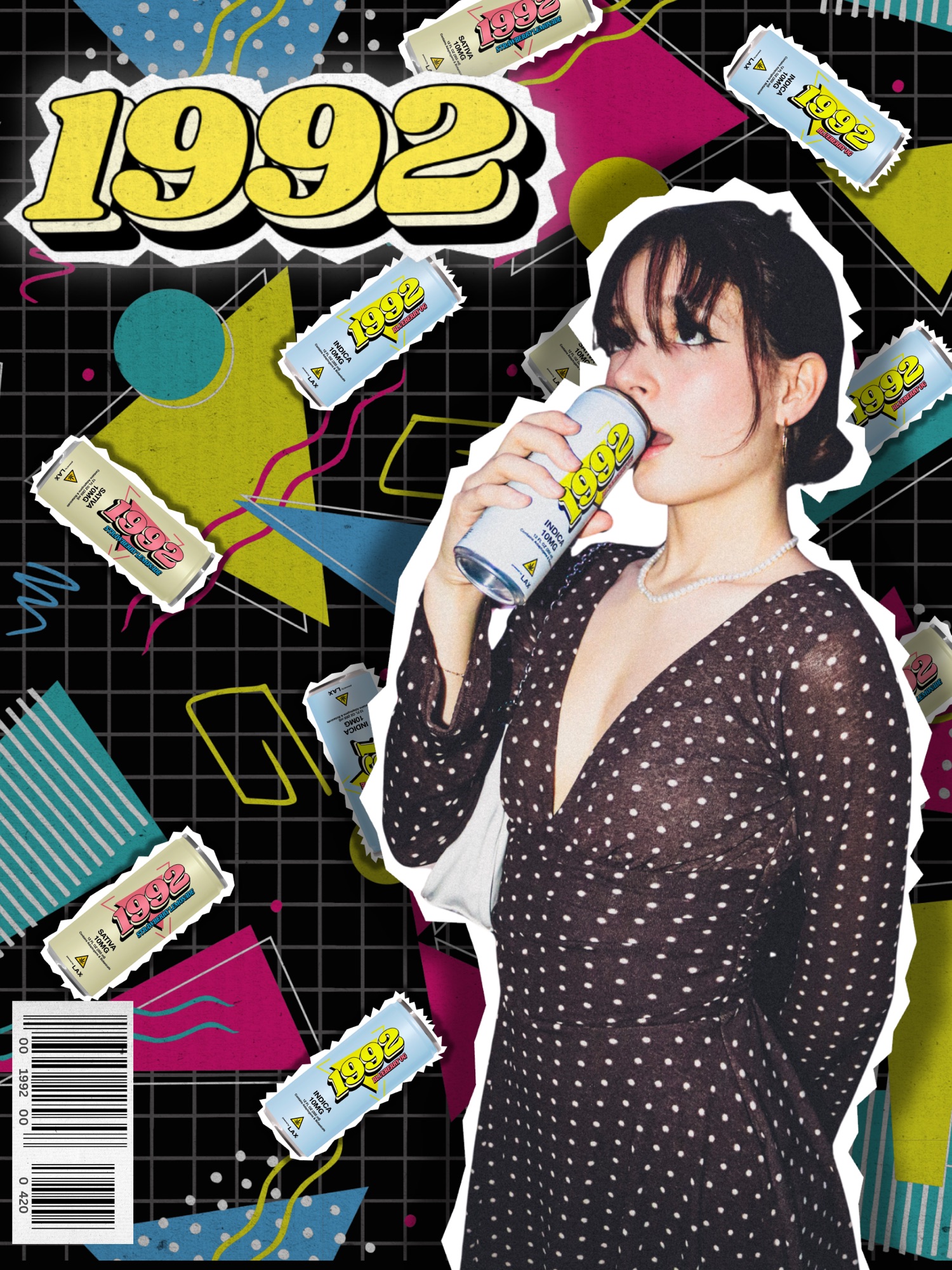 1992 cover star — torn-paper cans over a Memphis-grid night collage